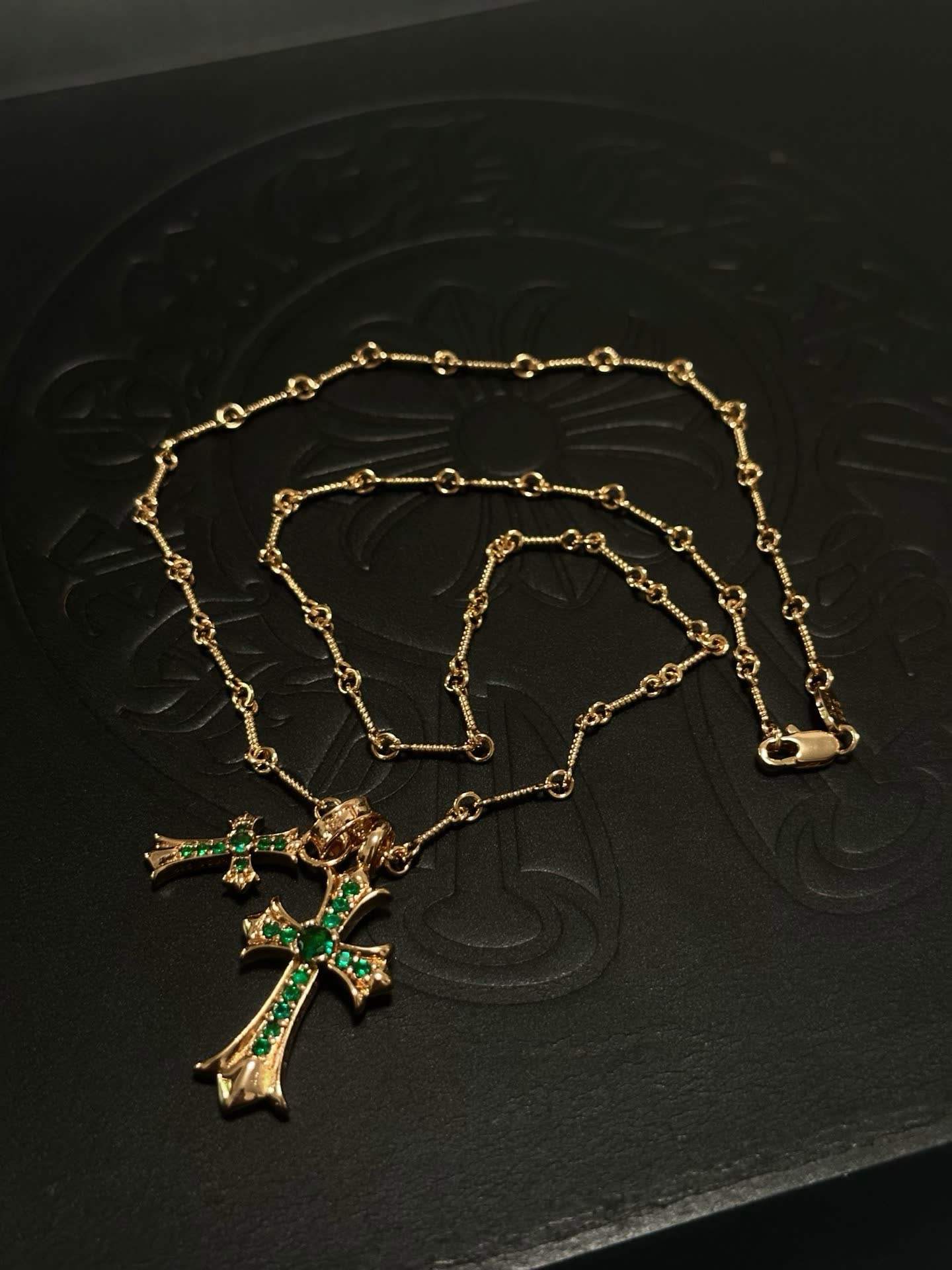 Chrome Hearts Gold Plated Rosary Necklace with Emerald Cross